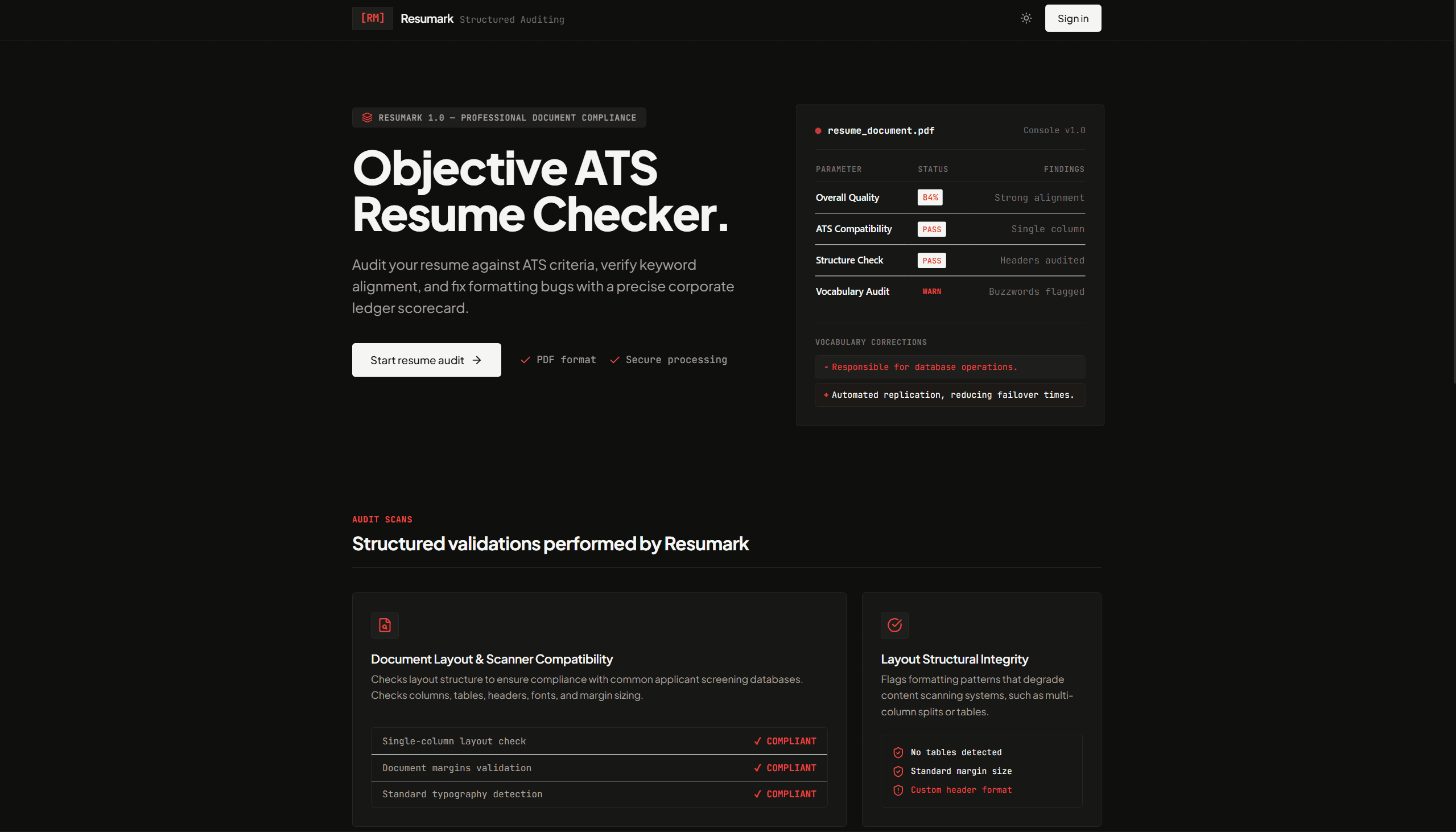 Resumark resume analysis homepage and document audit preview