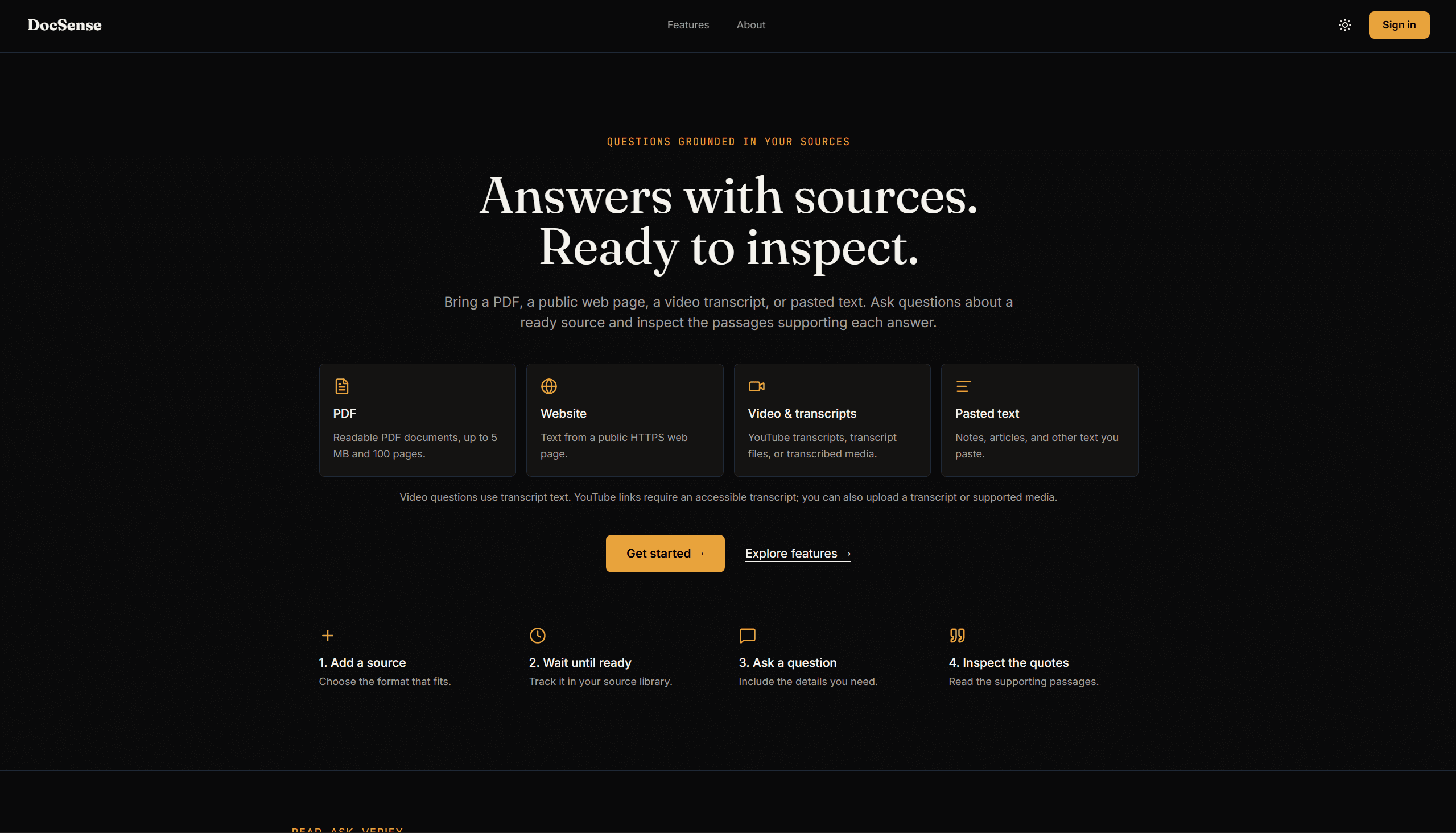 DocSense document intelligence homepage with supported document sources