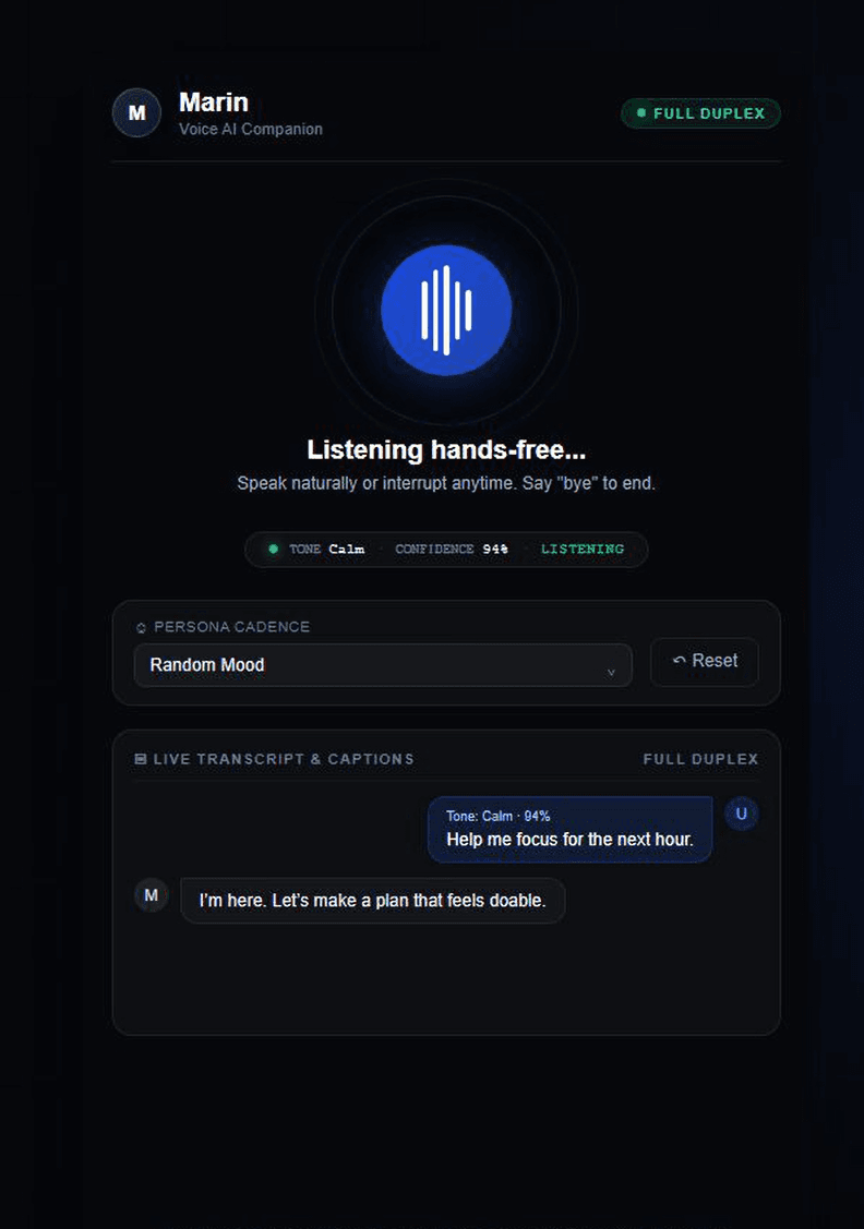 Marin voice companion showing hands-free listening and live transcript