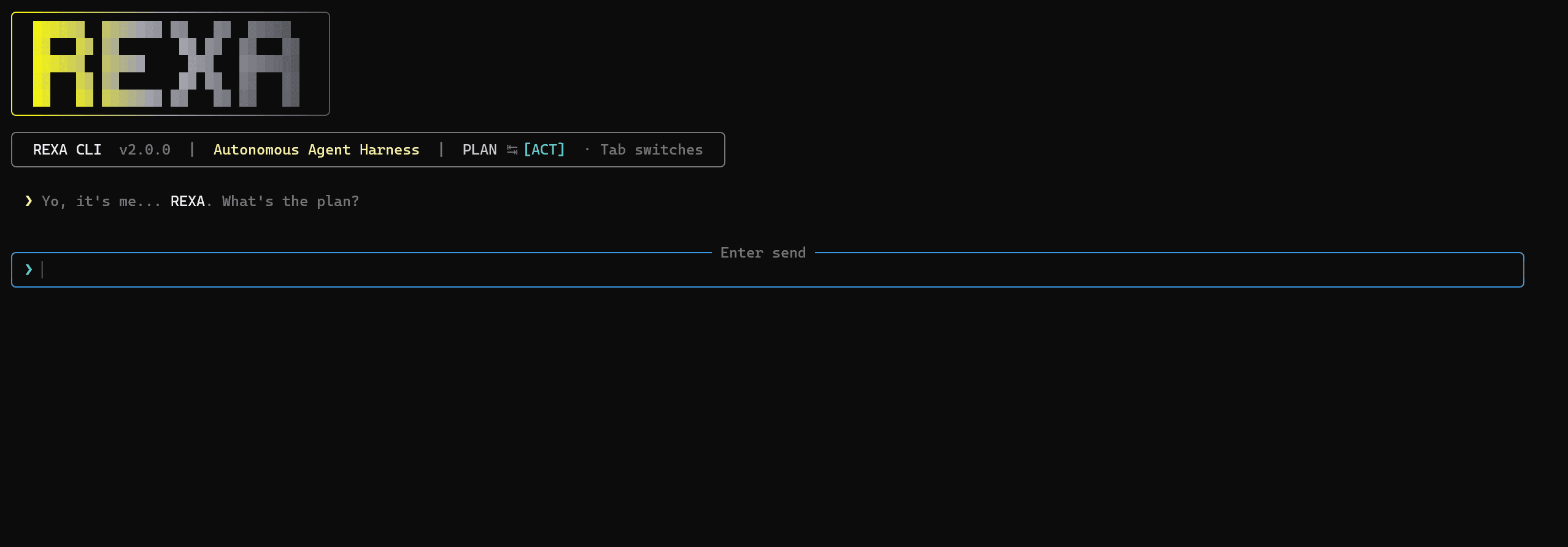 REXA v2.0.0 terminal showing its agent harness and Plan and Act modes